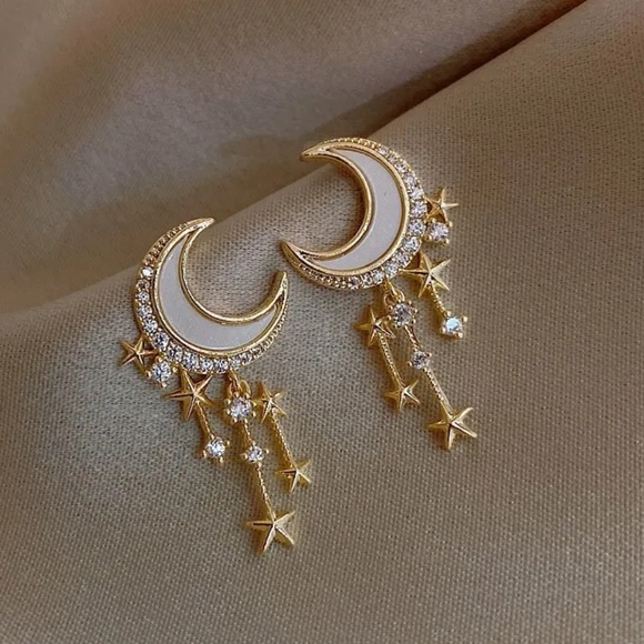 Artisan Jewelry - Crystal Star & Crescent Moon Gold-tone Dangle Boho, Hippie, Festival Earrings